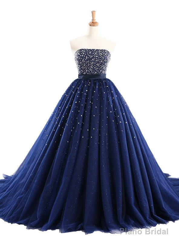 Luxury Blue Tulle Beading Strapless Bling Bling Wedding Dress Main image