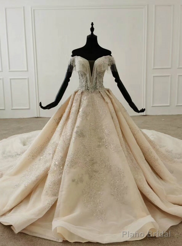 Luxury Champagne Ball Gown Tulle Sequins Off the Shoulder Beading Wedding Dress With Train Main image