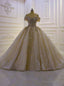 Luxury Champagne Tulle Sequins Off the Shoulder Beading Wedding Dress