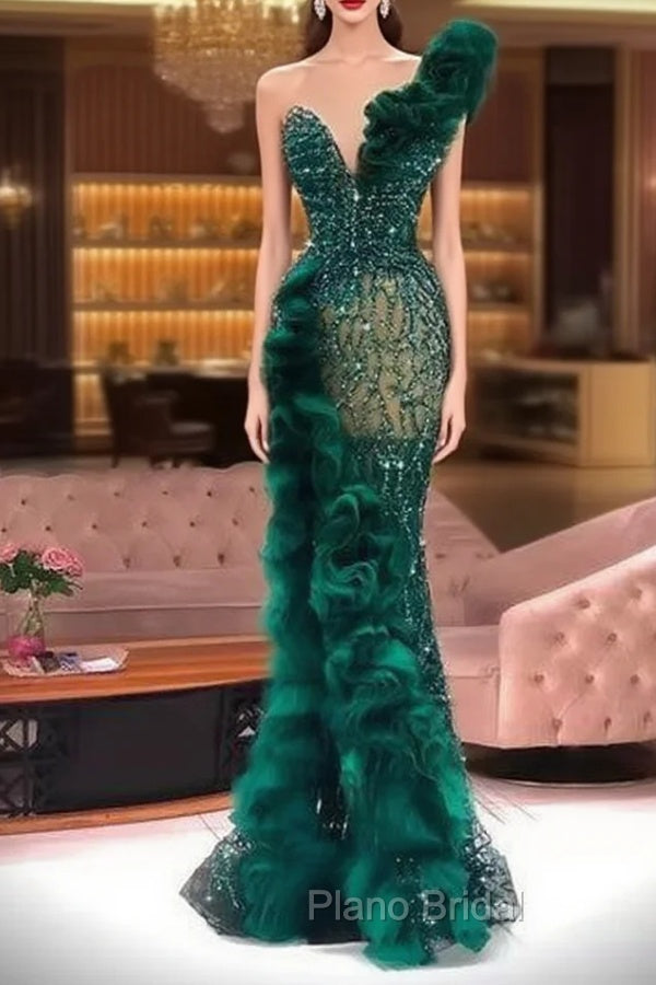 Luxury Evening Dresses Fashion Design Side Split Ruffles Tulle Mermaid Formal Prom Dresses Glitter Sequins Beads Custom Made Chic Formal Main image