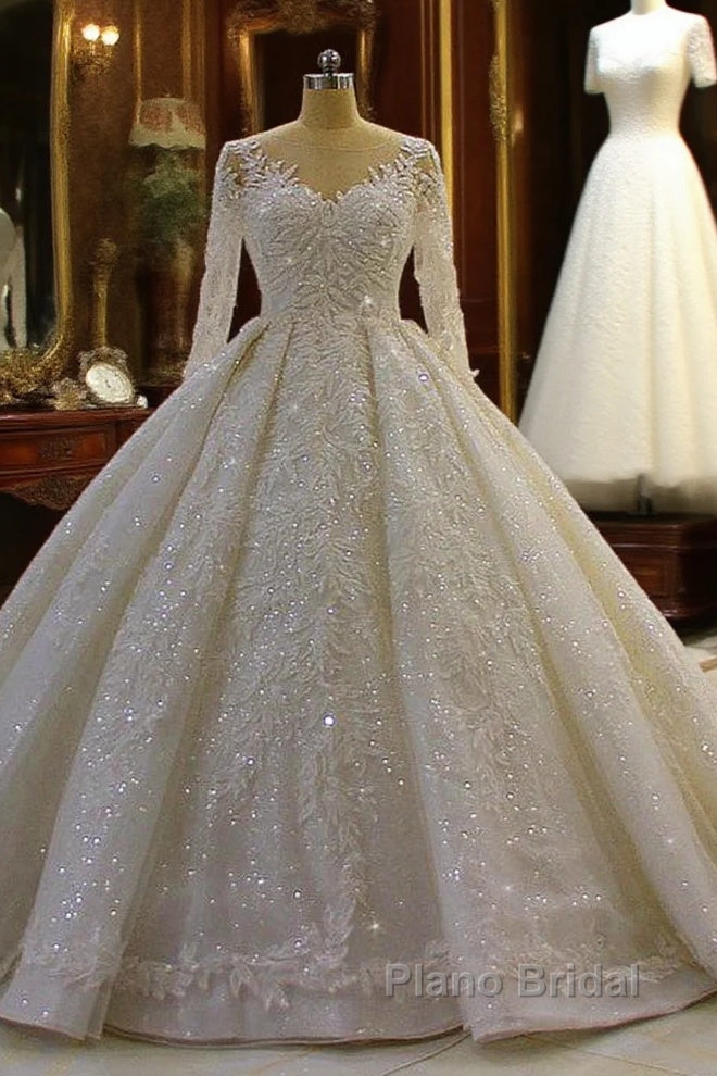 Luxury Long Ball Gown Lace Appliques Wedding Dress with Sleeves Main image