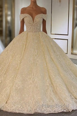 Luxury Long Ball Gown Off-the-Shoulder Lace Tulle Wedding Dresses with Beading