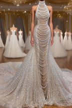 Luxury Long Mermaid Halter Beading Sleeveless Wedding Dress With Pearls