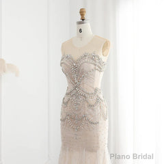 Luxury Mermaid Crystal Pearls Nude Tulle Long Prom Dress