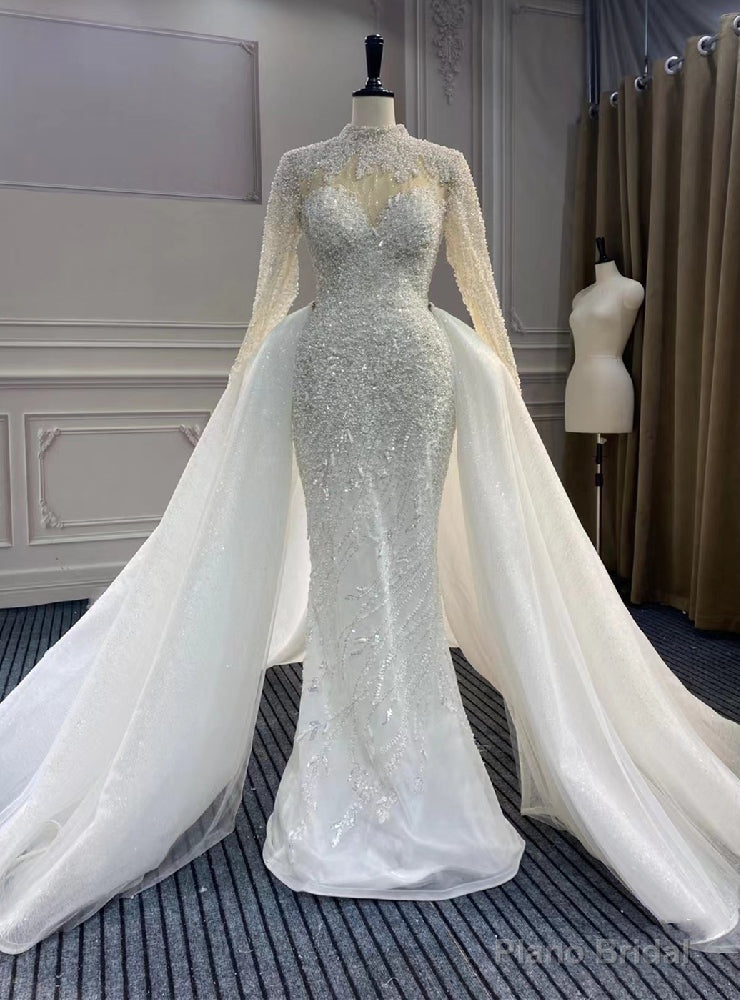 Luxury Mermaid Tulle Long Sleeve Beading Pearls Wedding Dress Main image
