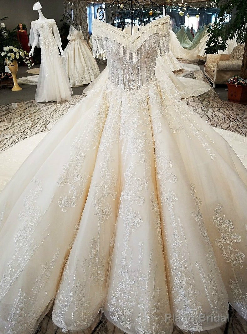 Luxury Off The Shoulder Ball Gown Ivory Long Train Haute Couture Wedding Dresses Main image