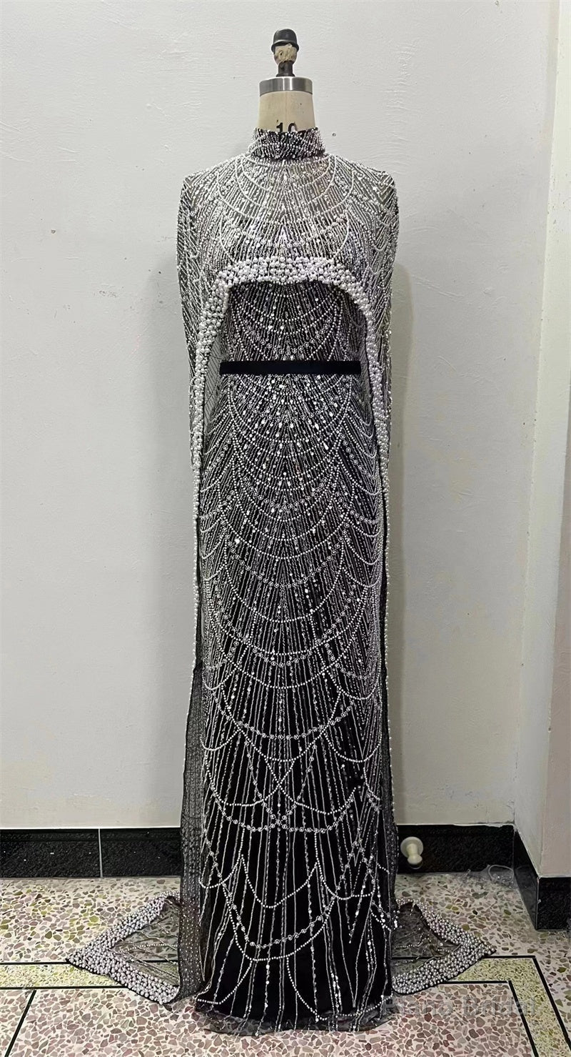 Luxury Pearls Beading Prom Dresses Sweep Train High Neck Zipper Sleeveless Evening Dresses Main image