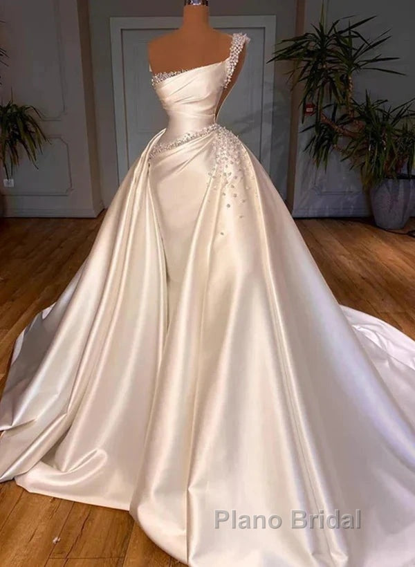 Luxury Satin Wedding Dresses Beaded One Shoulder Bridal Dresses With Panel Train Floor Length Elegant Secondary image