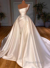 Luxury Satin Wedding Dresses Beaded One Shoulder Bridal Dresses With Panel Train Floor Length Elegant