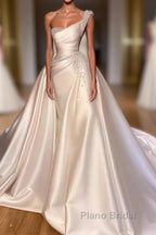 Luxury Satin Wedding Dresses Beaded One Shoulder Bridal Dresses With Panel Train Floor Length Elegant