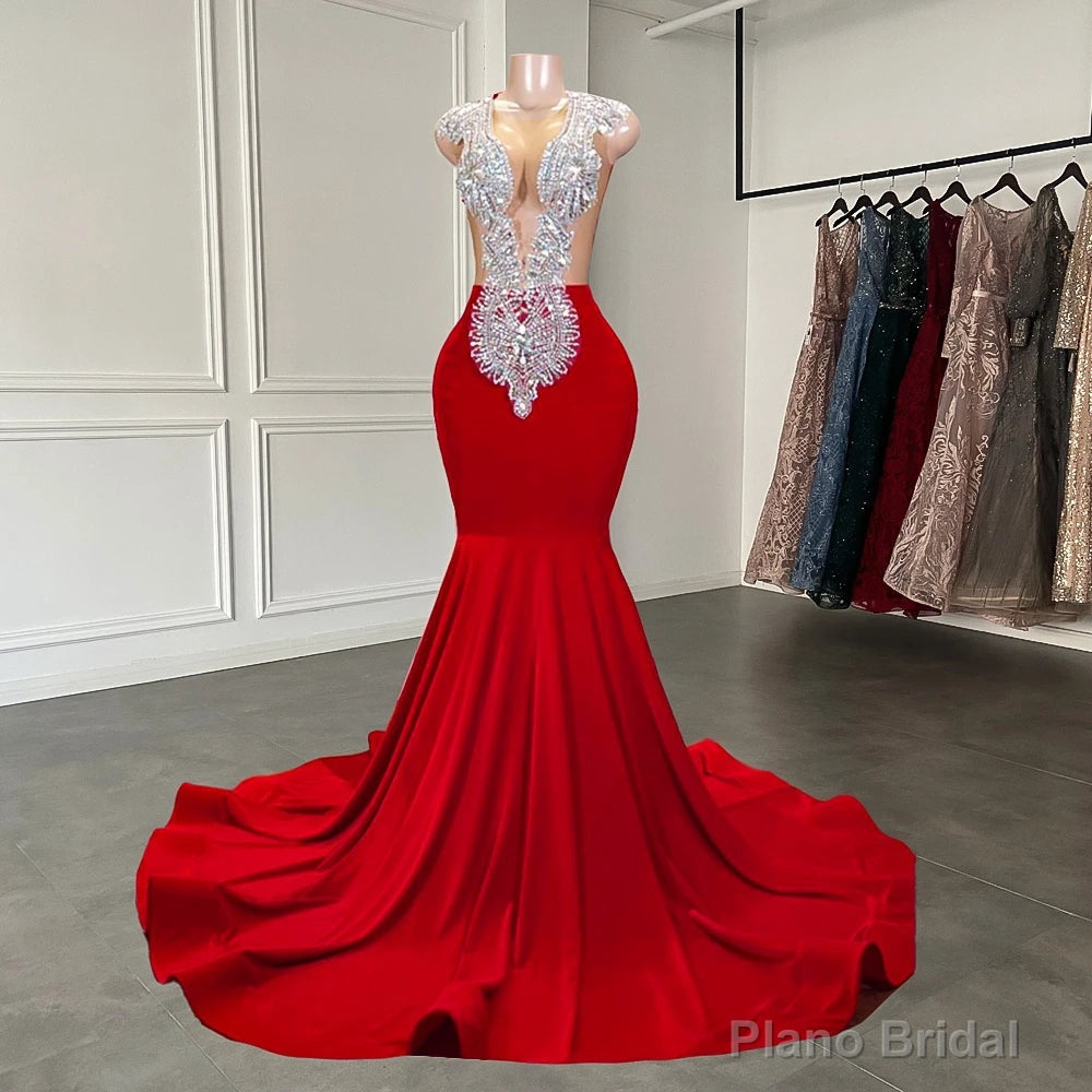 Luxury Sparkly Silver Handmade Diamond Red Spandex Black Girl Mermaid Long Prom Dresses Main image