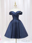 Blue V-neckline Satin Off Shoulder Party Dress, A-Line Blue Short Evening Prom Dress