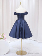 Blue V-neckline Satin Off Shoulder Party Dress, A-Line Blue Short Evening Prom Dress