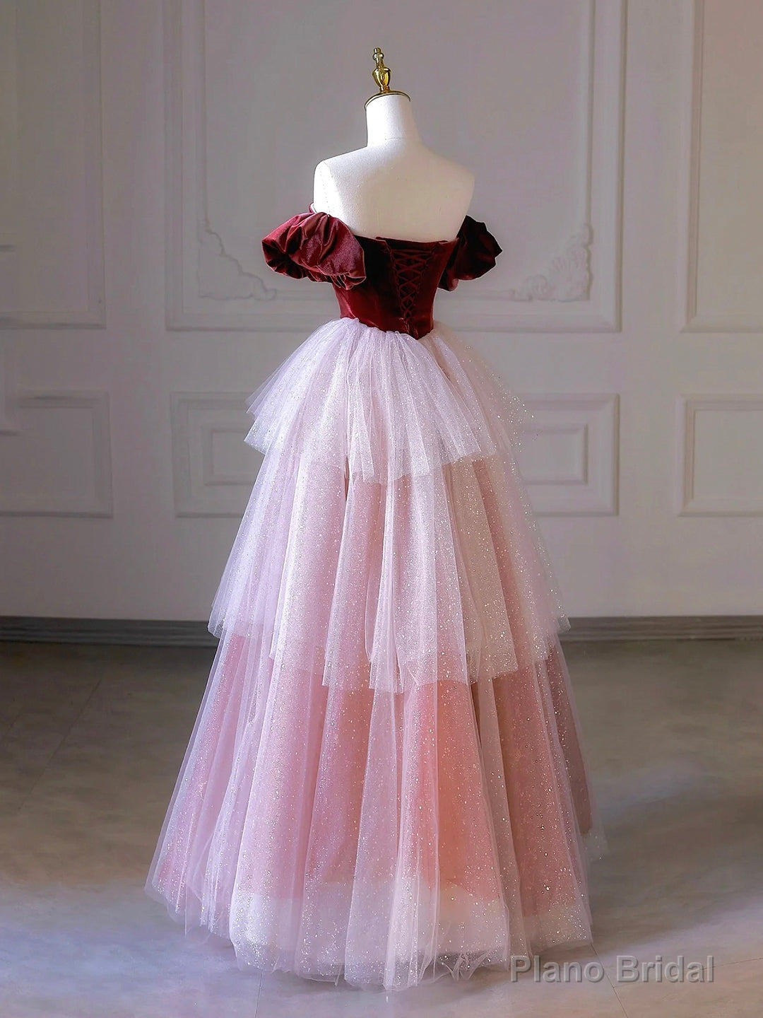 Burgundy Velvet and Layers Tulle Long Prom Dress, Off the Shoulder A-Line Evening Party Dress Secondary image