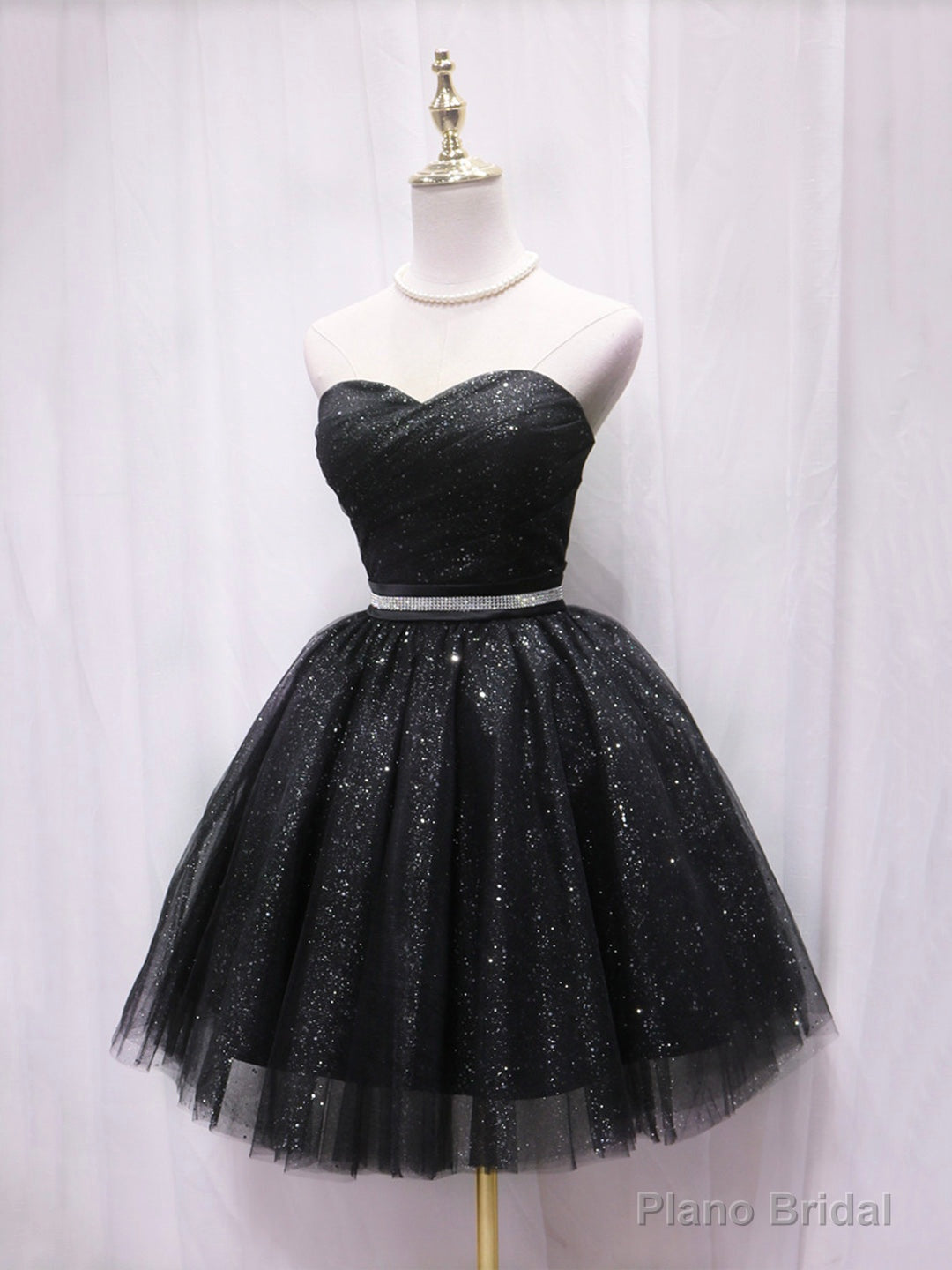 Black Strapless Tulle Knee Length Prom Dress, Black A-Line Sweetheart Party Dress Main image