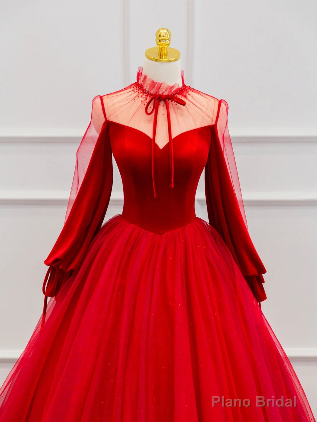 Red Velvet Tulle Floor Length Prom Dress, Beautiful Long Sleeve Evening Party Dress