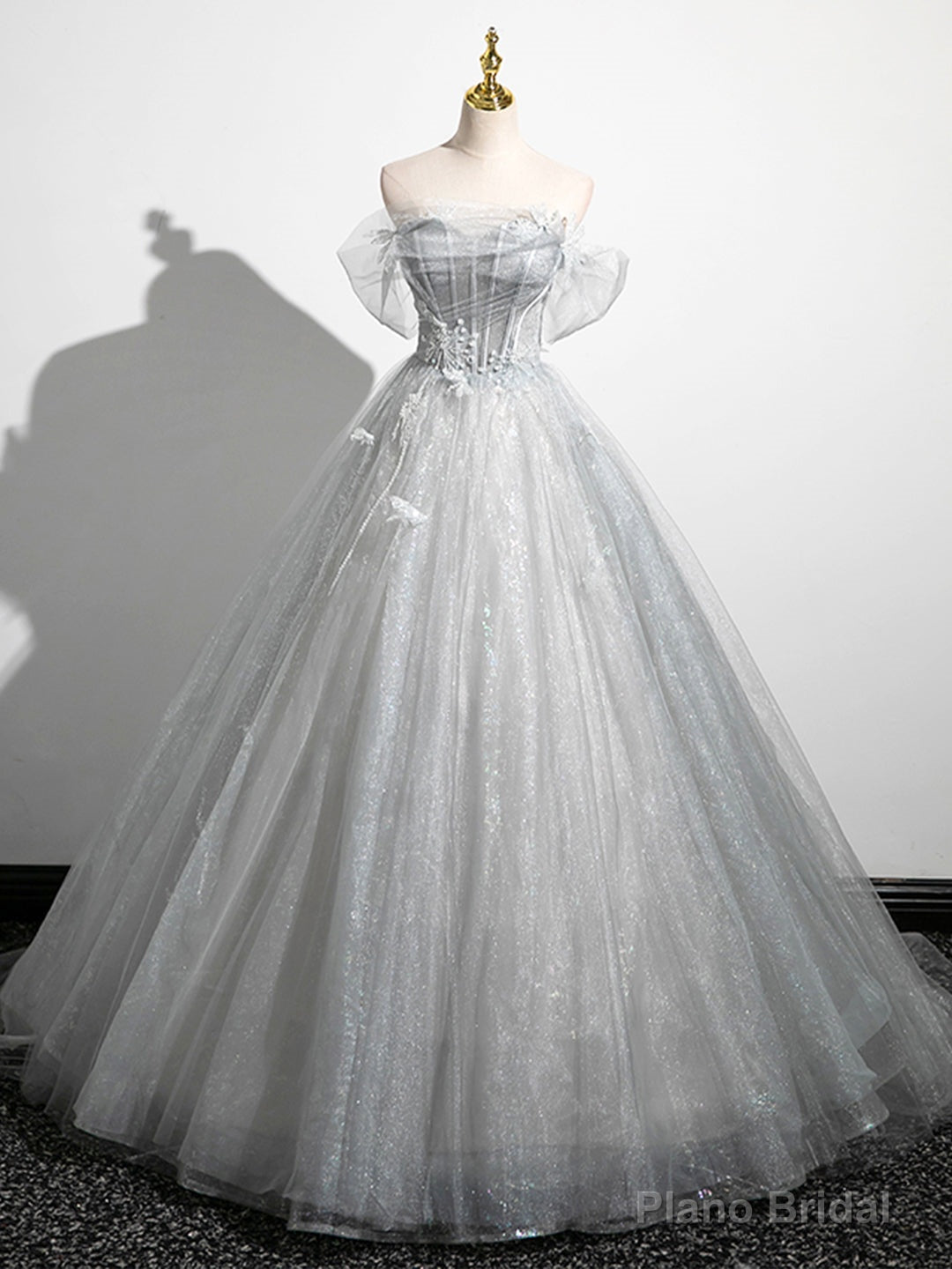 A-Line Off the Shoulder Sparkly Prom Dress, Gray Tulle Corset Floor Length Evening Dress Main image