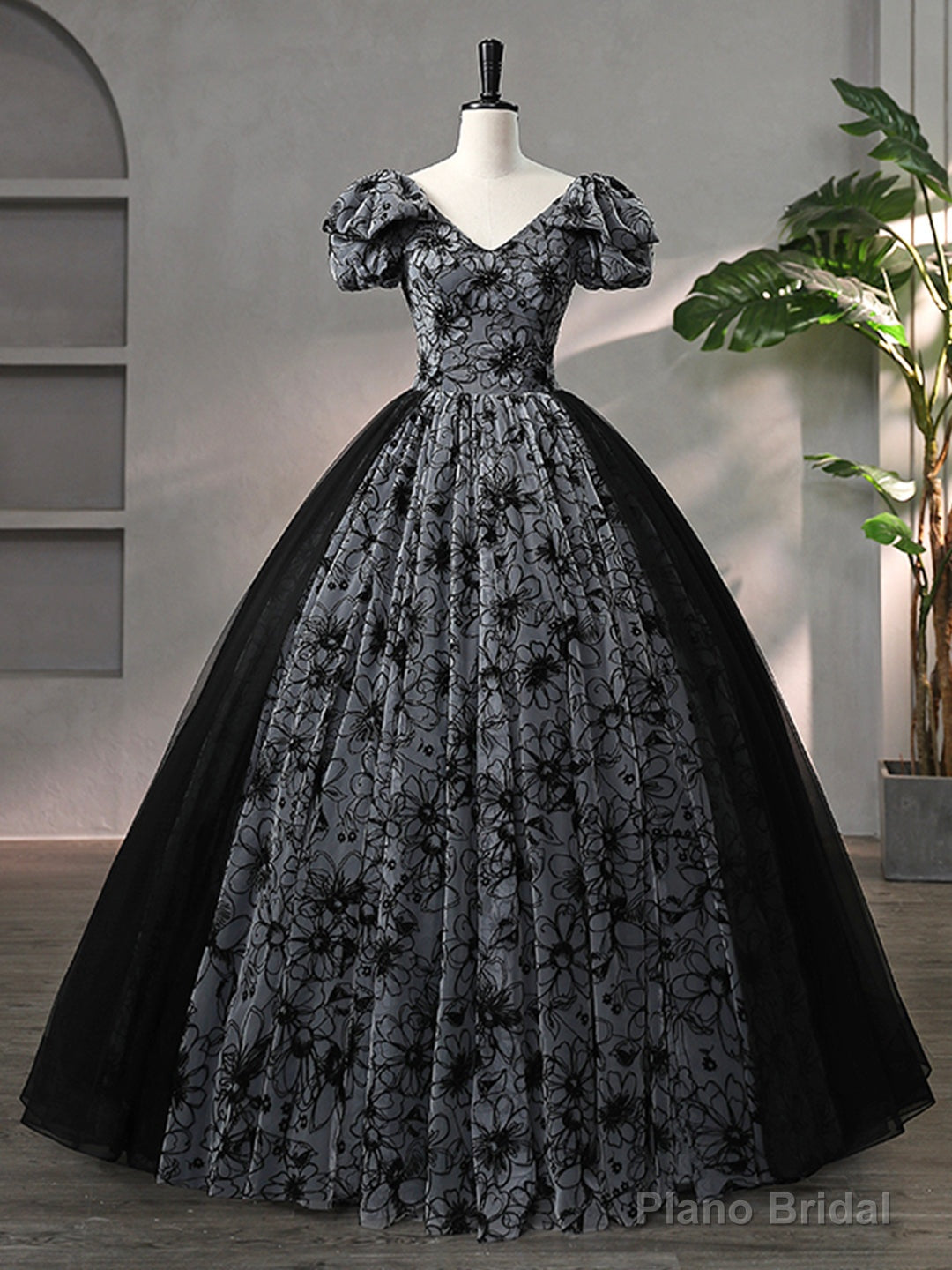 Beautiful Black Rhinestone Flower Prom Dress, Black V-Neck Short Sleeve Evening Dress Main image