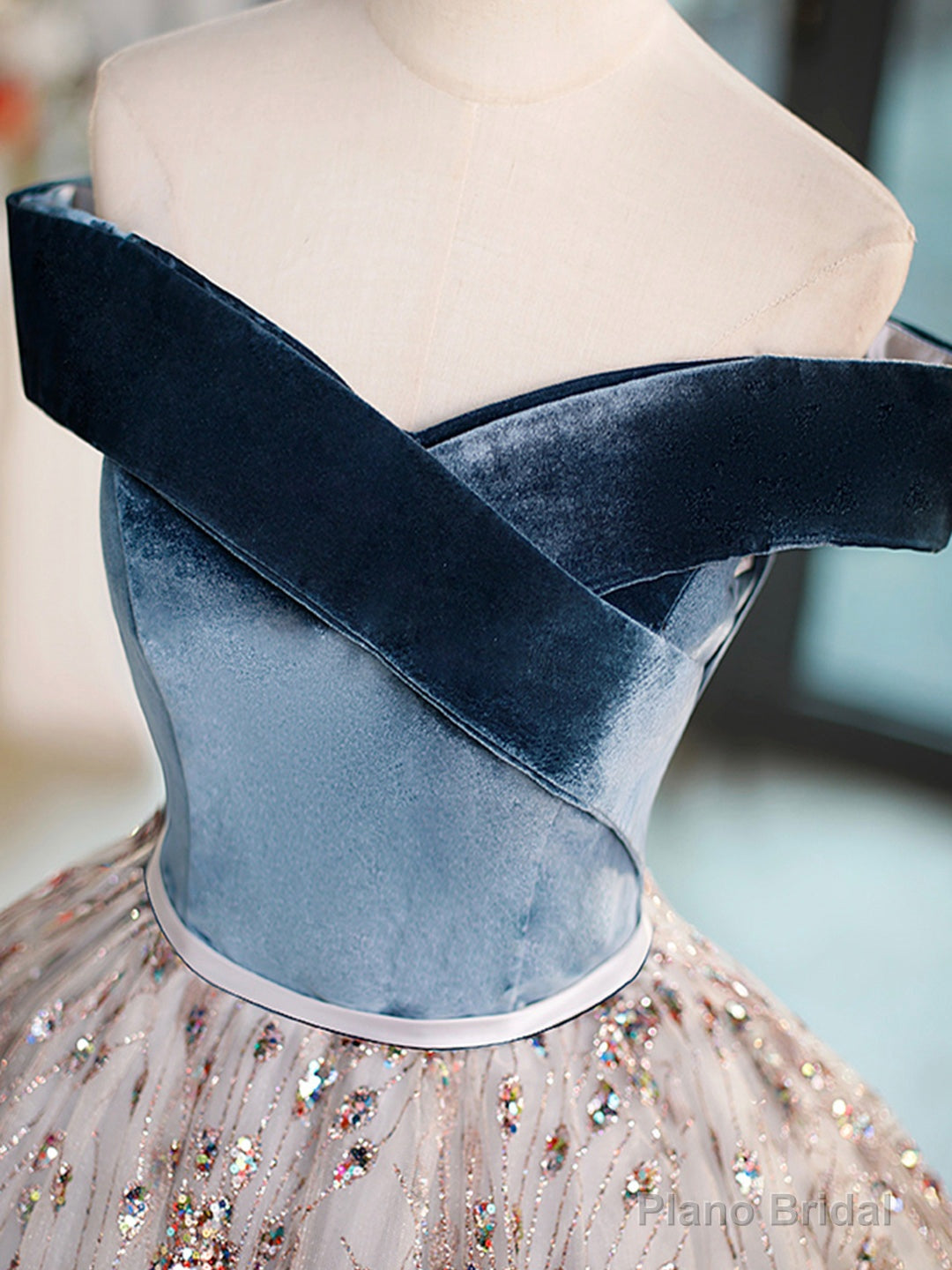 Blue Velvet and Tulle Long Prom Dress, Off Shoulder Evening Dress Party Dress Secondary image