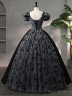 Beautiful Black Rhinestone Flower Prom Dress, Black V-Neck Short Sleeve Evening Dress