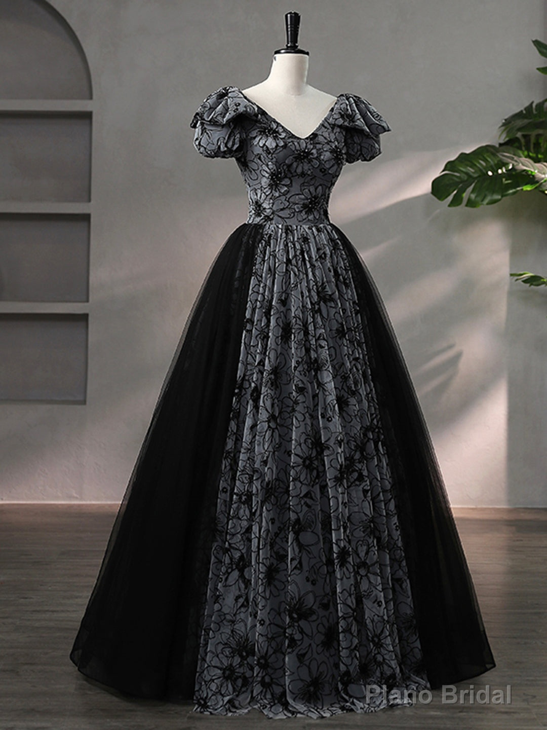 Beautiful Black Rhinestone Flower Prom Dress, Black V-Neck Short Sleeve Evening Dress