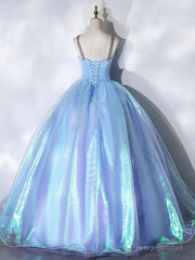 Beautiful  Shiny Blue Tulle Long Formal Dress, A-Line Spaghetti Strap Sweetheart Princess Dress