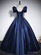 Elegant Blue Satin Floor-Length Prom Dresses, Square Neckline Puffy Short Sleeve Bow Formal Dresses