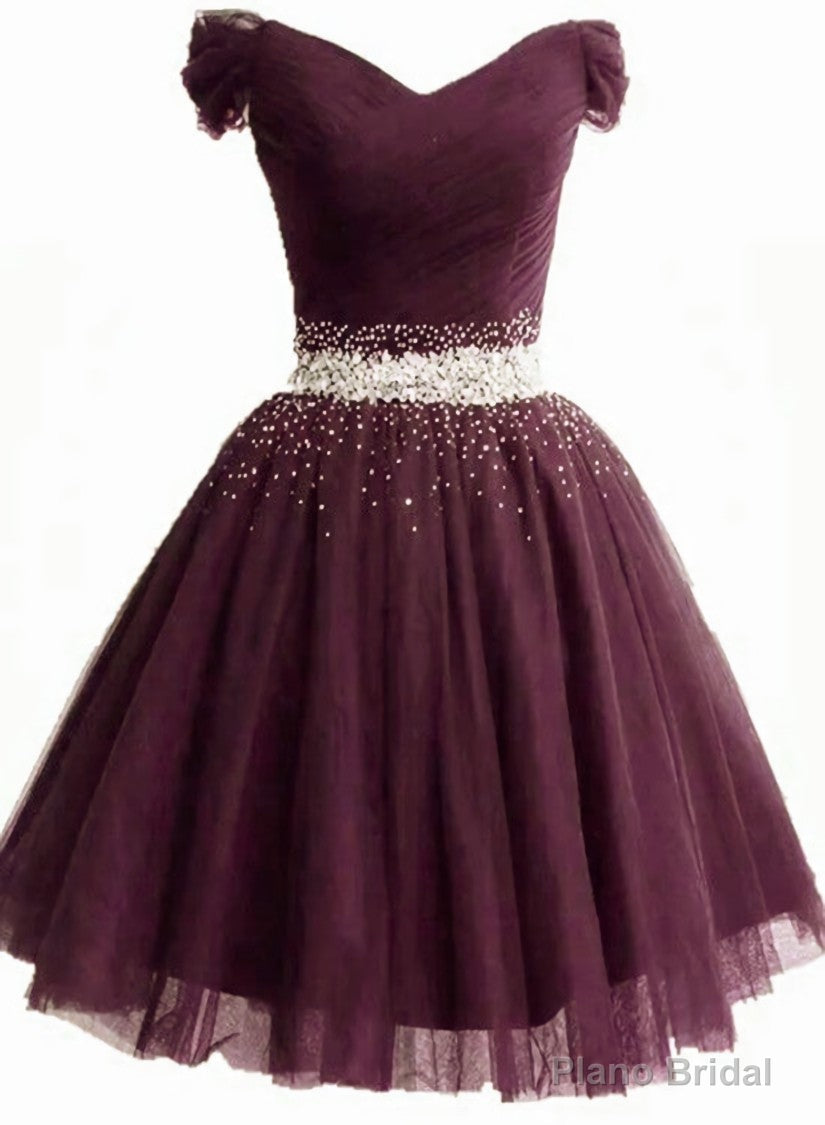 Maroon Off Shoulder Beaded Tulle Short Prom Dress Homecoming Dress, Cute Prom Dresses Secondary image