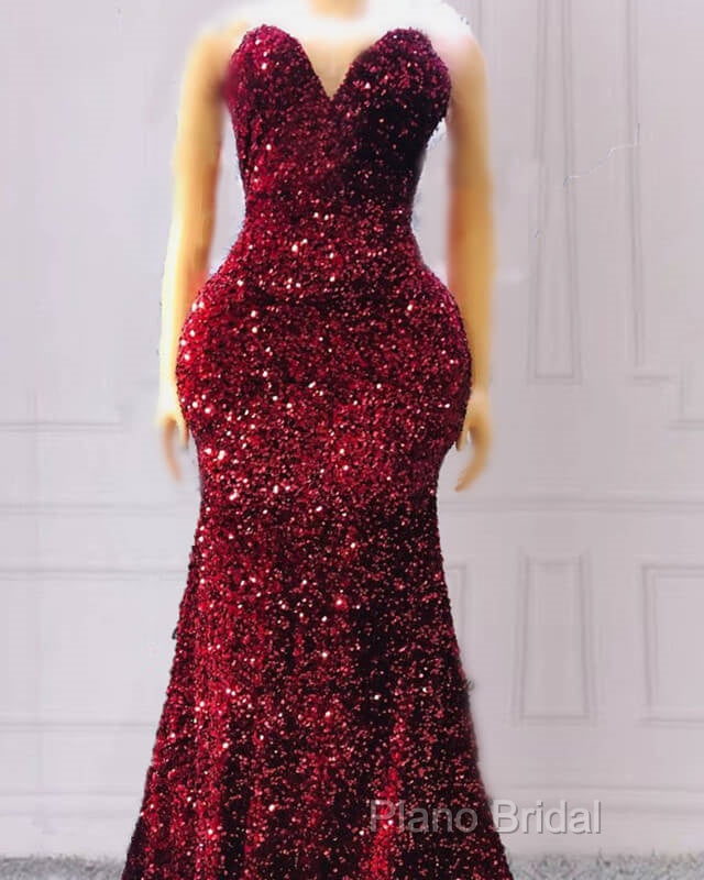 Maroon Sequin Formal Prom Dresses Mermaid Strapless Secondary image