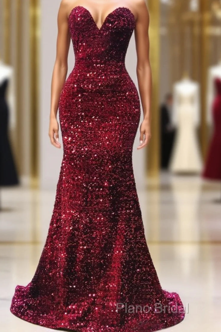 Maroon Sequin Formal Prom Dresses Mermaid Strapless
