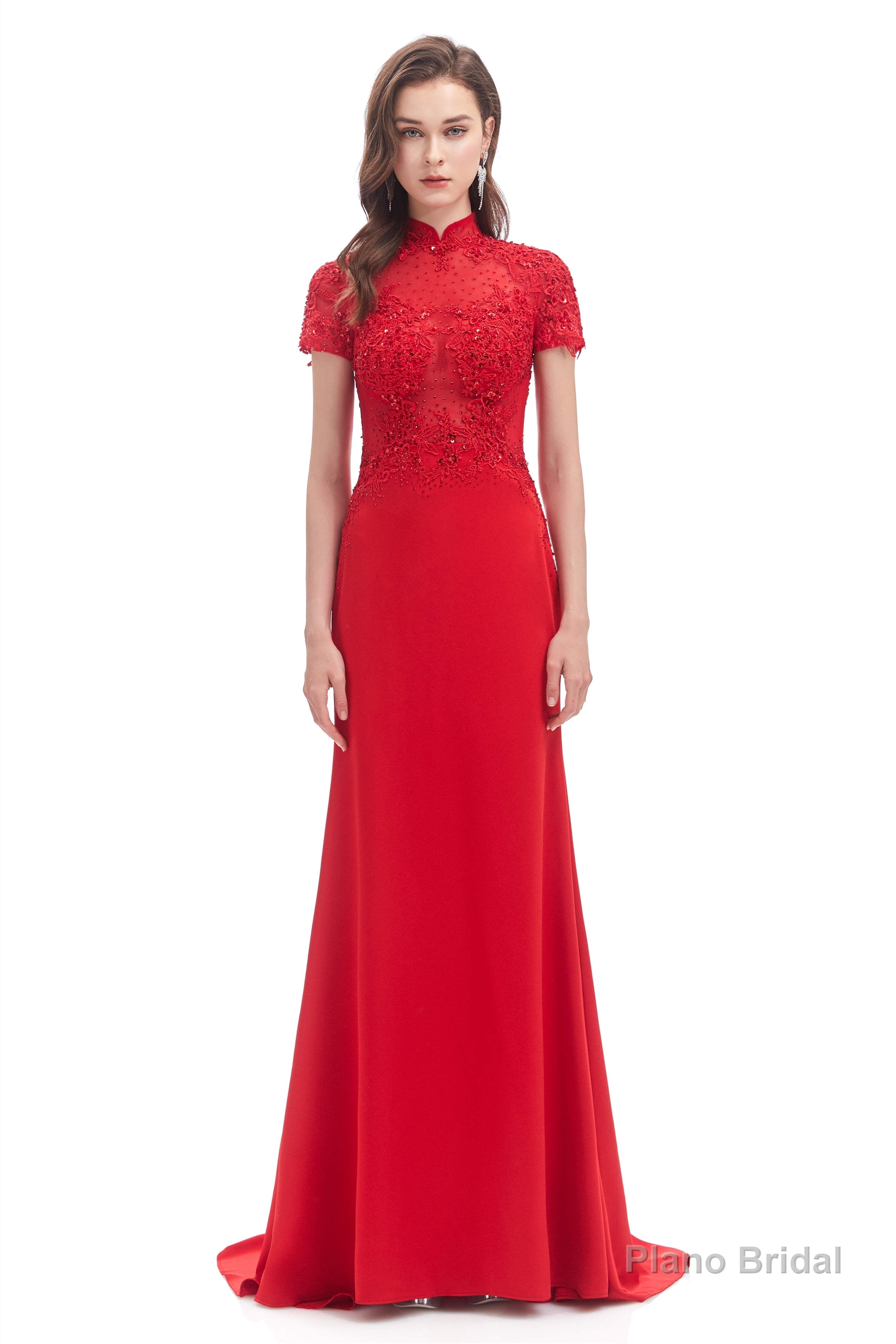 Mermaid Appliques Beading High Neck Short Sleeve Prom Dresses Main image