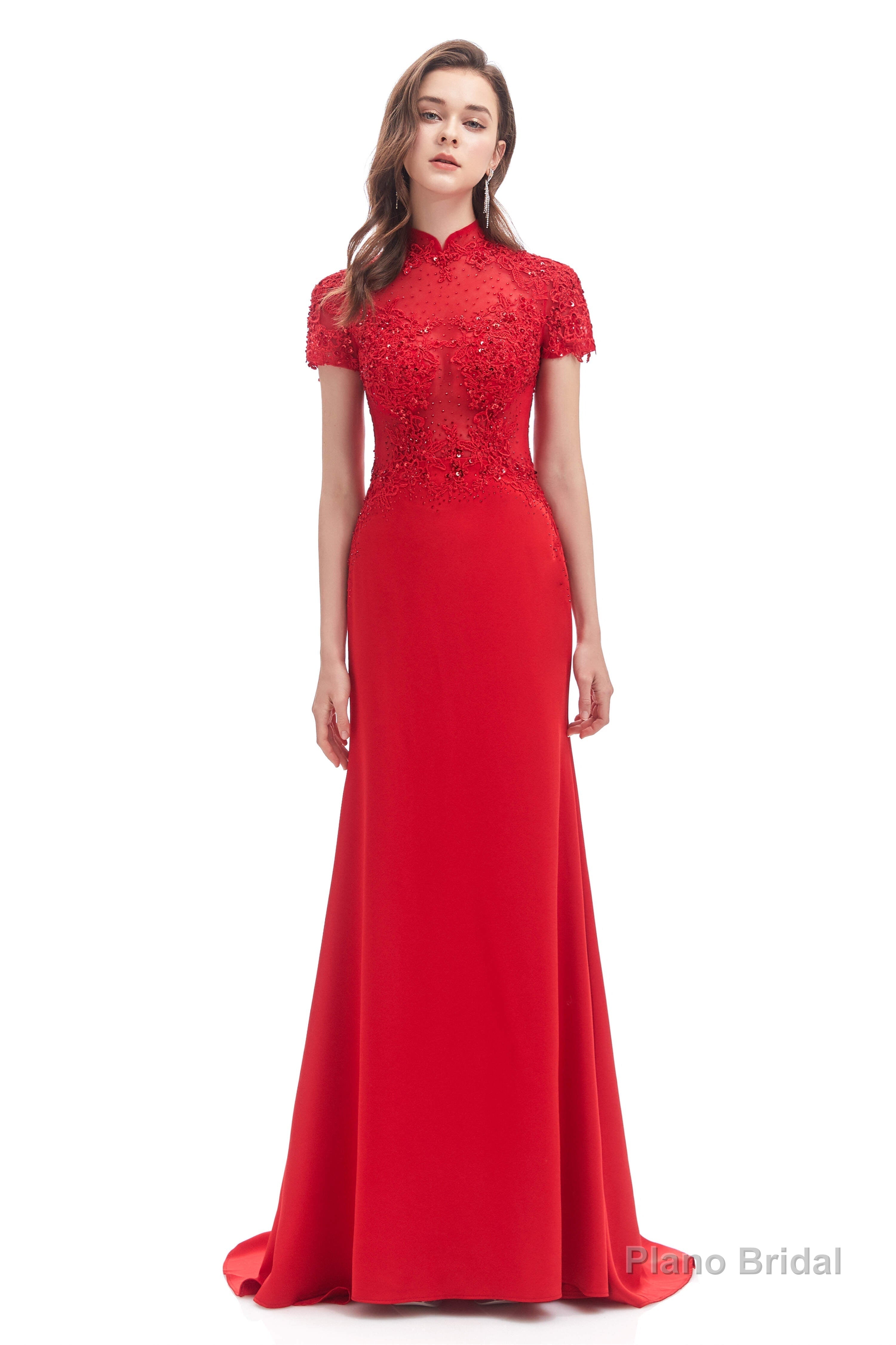 Mermaid Appliques Beading High Neck Short Sleeve Prom Dresses Secondary image