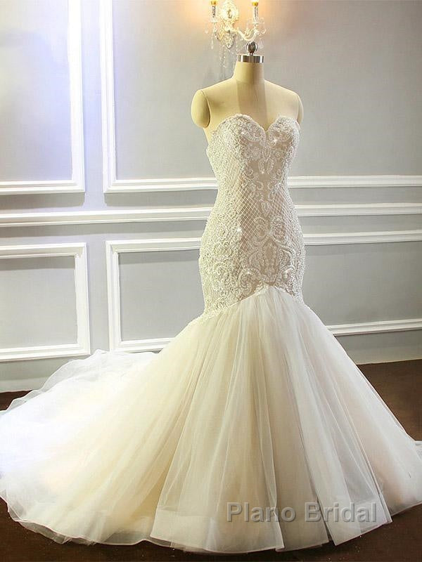 Mermaid Appliques Sweetheart Wedding Dresses Sleeveless Tulle Pleated Bridal Gowns Secondary image
