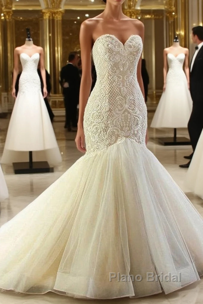 Mermaid Appliques Sweetheart Wedding Dresses Sleeveless Tulle Pleated Bridal Gowns Main image