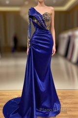 Mermaid Asymmetrical Sequined Floor-length Appliques Lace With Side Train Formal Prom Dress