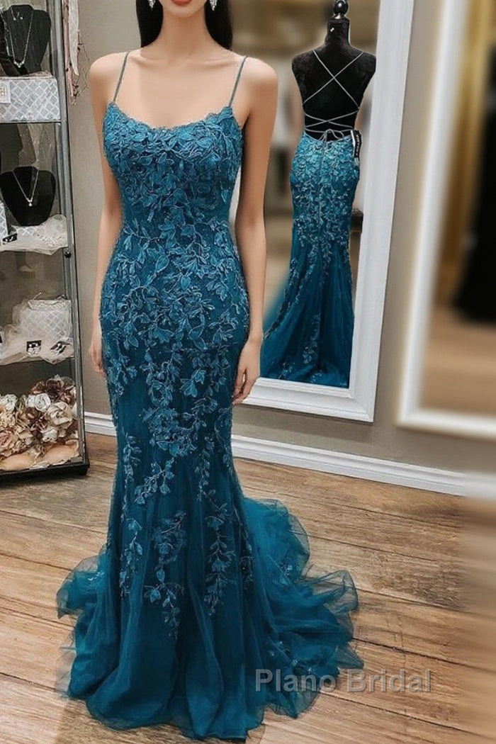 Mermaid Backless Dark Teal Lace Long Formal Prom Dresses Main image