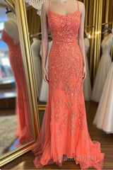 Mermaid Backless Orange Lace Long Formal Prom Dress, Mermaid Orange Lace Formal Dress, Orange Lace Evening Dress