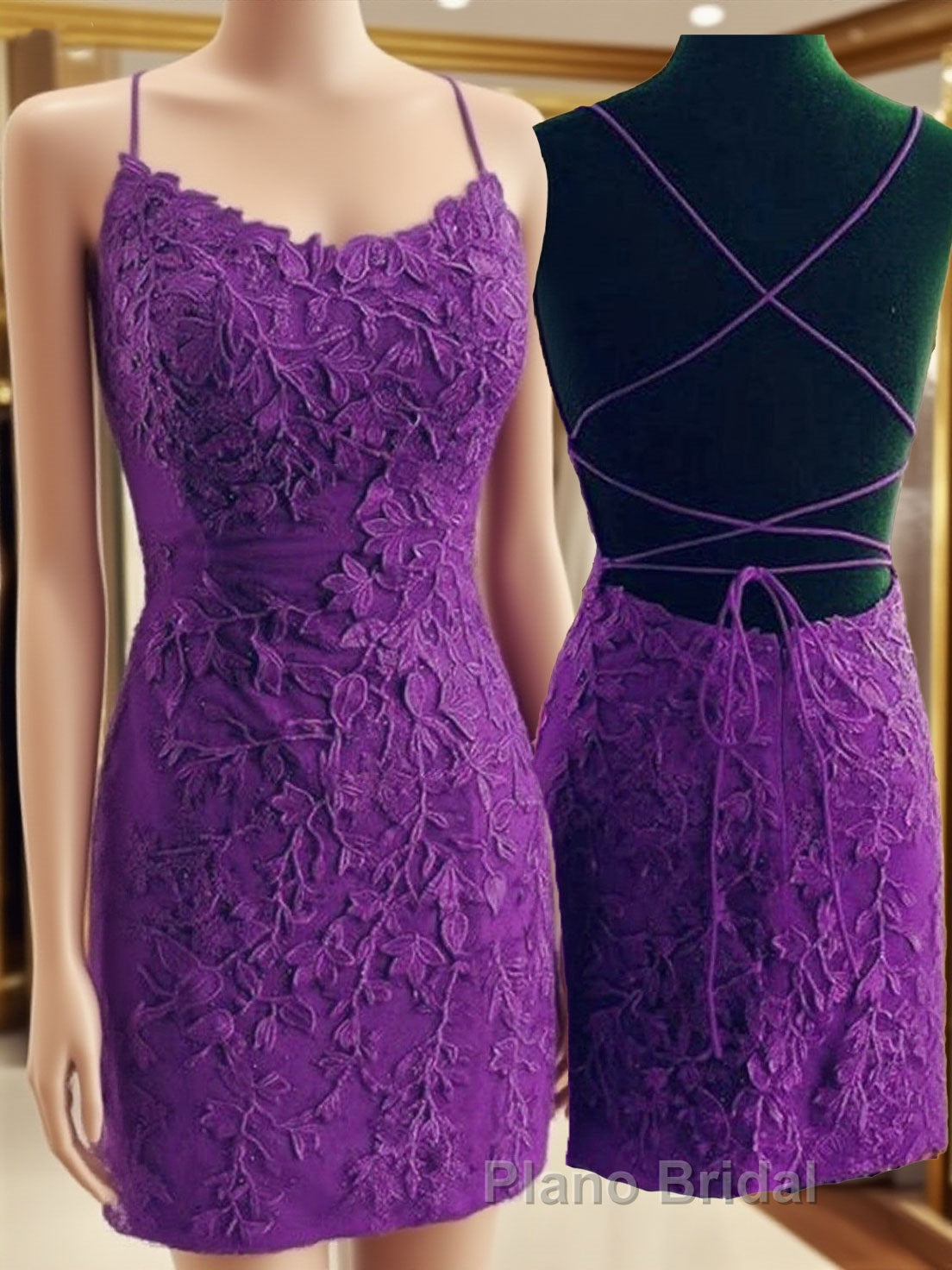 Mermaid Backless Purple Lace Formal Prom Dresses, Mermaid Purple Homecoming Dresses, Short Purple Lace Formal Evening Dresses