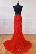 Mermaid Backless Red Lace Long Formal Prom Dresses, Mermaid Red Formal Dresses, Red Lace Evening Dresses