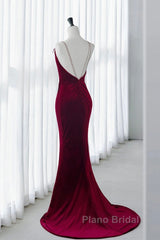 Mermaid Backless Velvet Burgundy Long Formal Prom Dresses With Beads