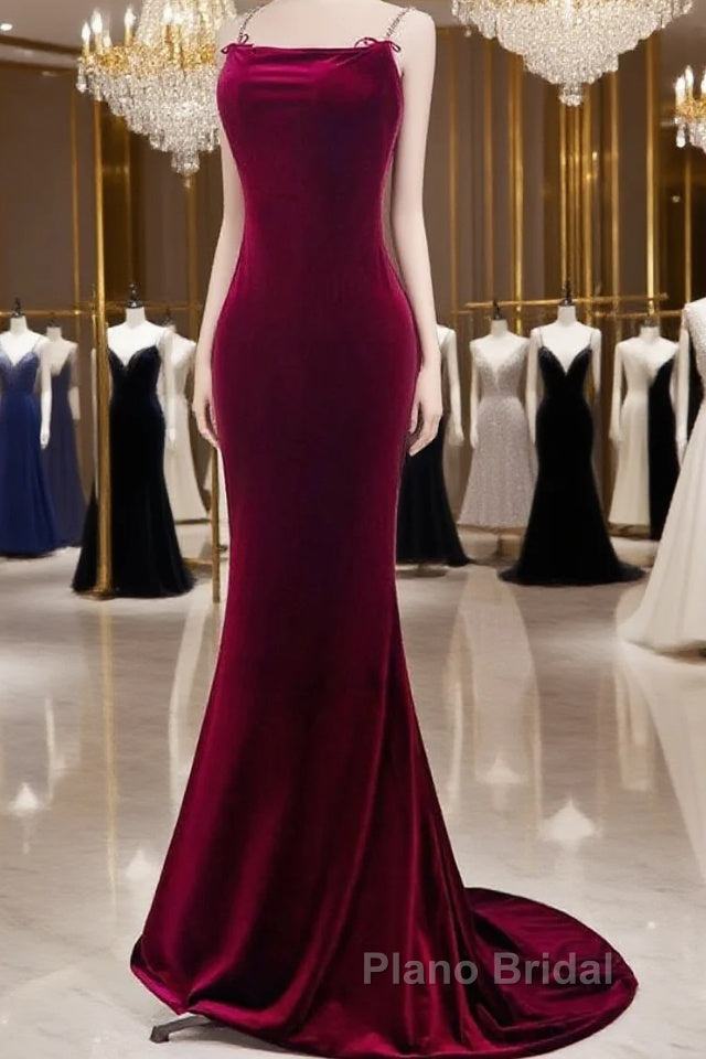 Mermaid Backless Velvet Burgundy Long Formal Prom Dresses With Beads