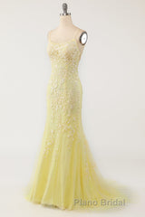 Mermaid Backless Yellow Lace Long Formal Prom Dresses, Mermaid Yellow Formal Dresses, Yellow Lace Evening Dresses
