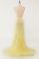 Mermaid Backless Yellow Lace Long Formal Prom Dresses, Mermaid Yellow Formal Dresses, Yellow Lace Evening Dresses
