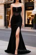 Mermaid Black Corset Strapless Long Formal Prom Dresses with Slit