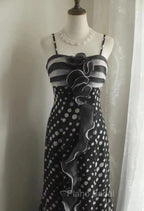 Mermaid Black Spaghetti Strap Chiffon Long Formal Prom Skirt Polka Dot Evening Dresses