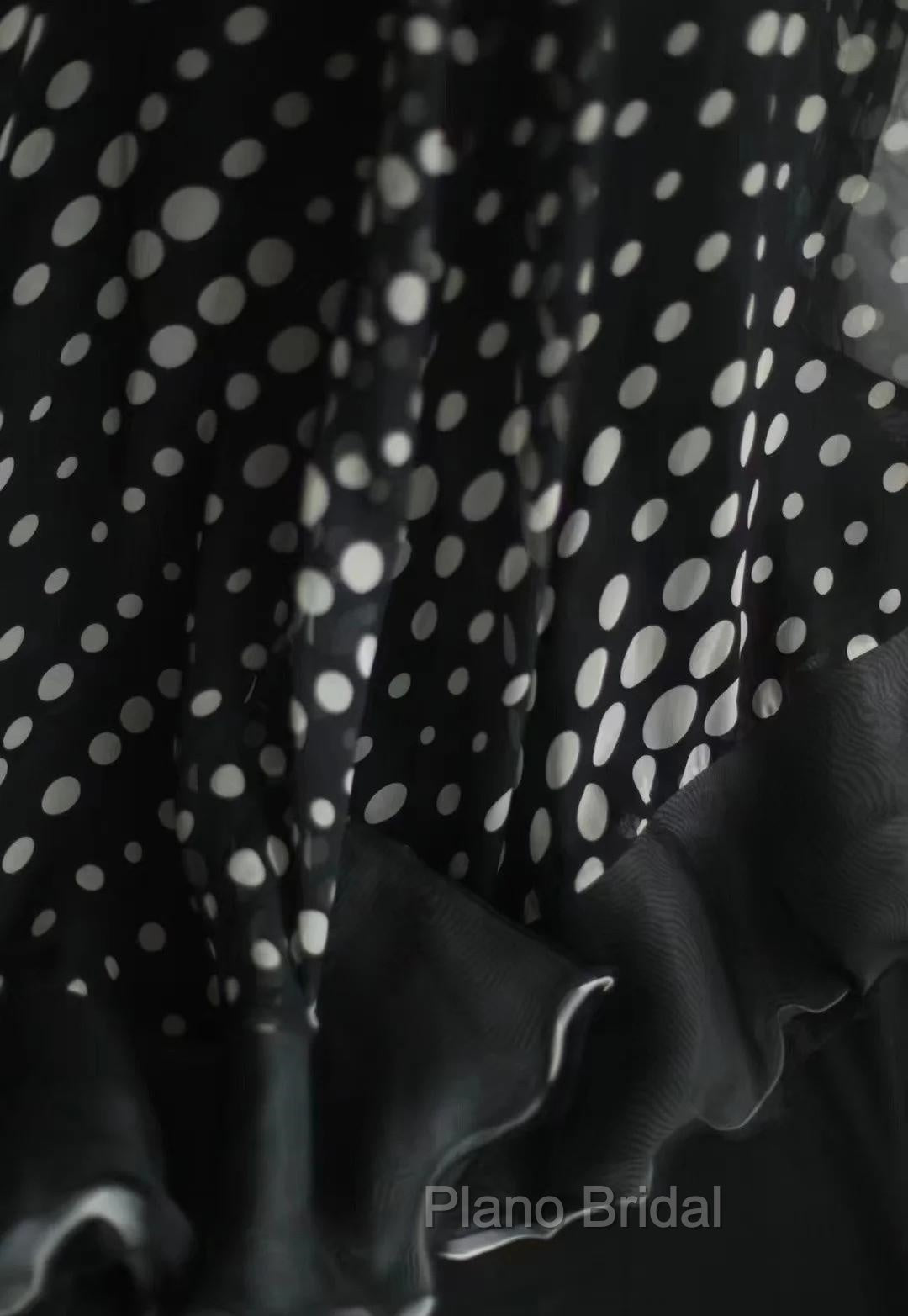 Mermaid Black Spaghetti Strap Chiffon Long Formal Prom Skirt Polka Dot Evening Dresses