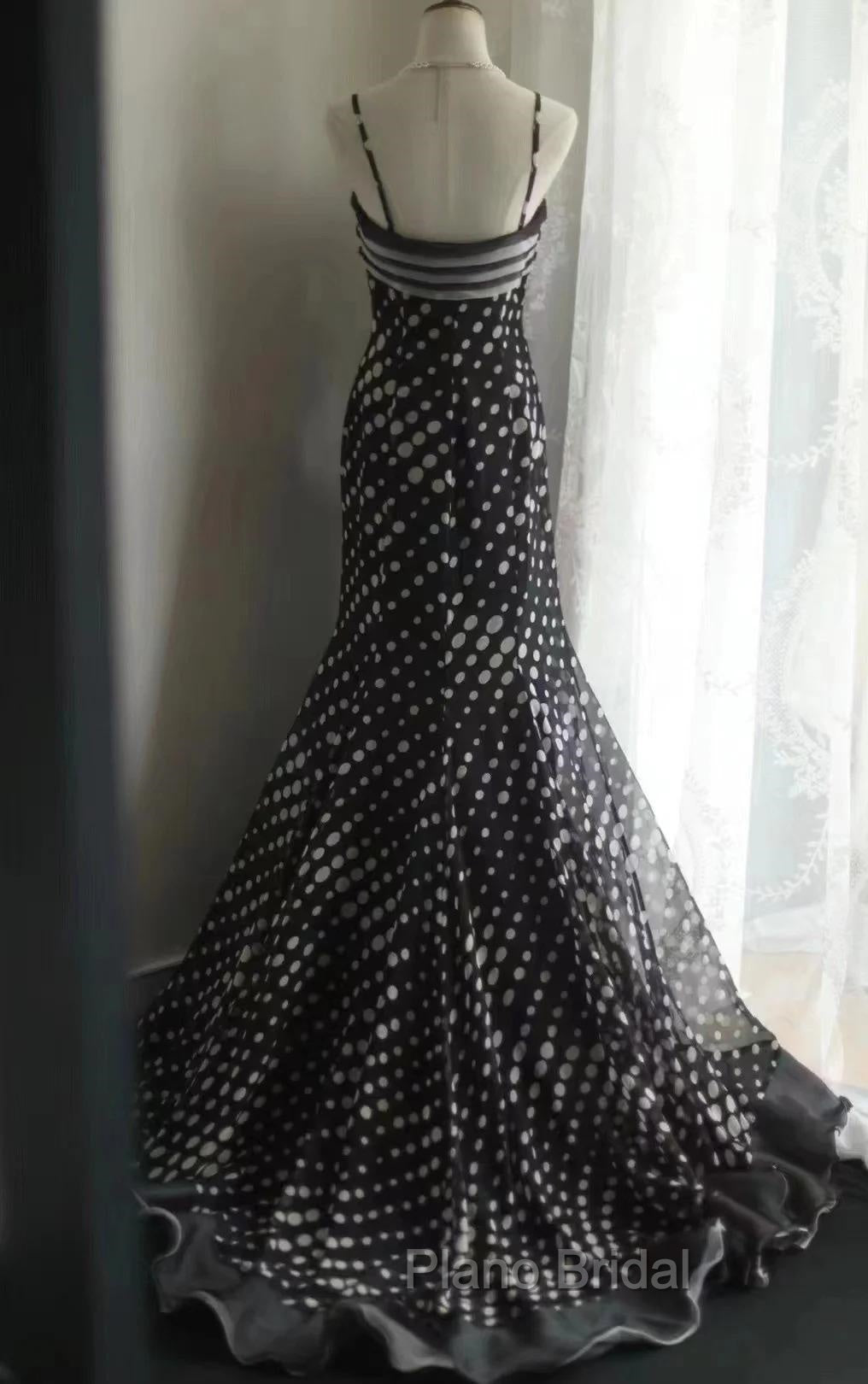 Mermaid Black Spaghetti Strap Chiffon Long Formal Prom Skirt Polka Dot Evening Dresses