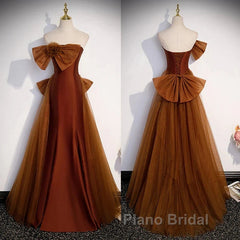 Mermaid Brown Tulle Satin Strapless Long Party Dresses Formal Dresses Formal Prom Dresses