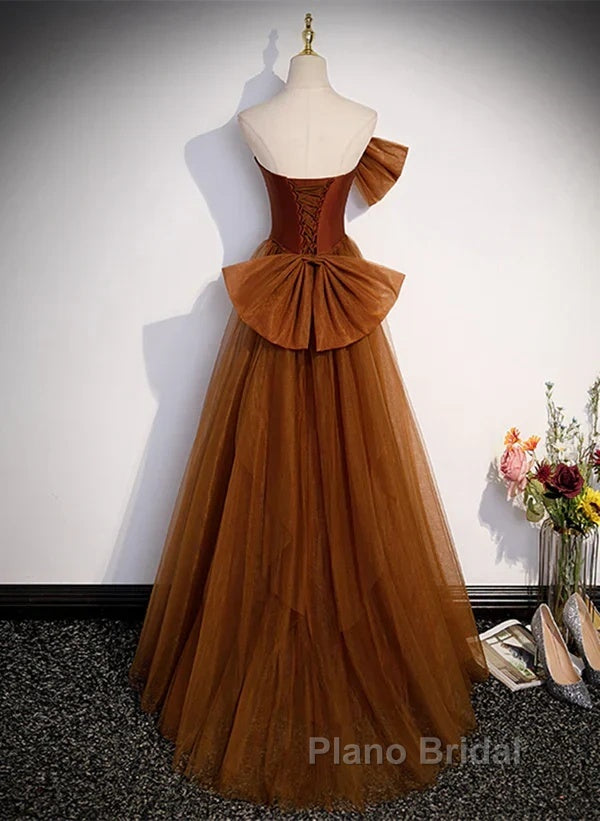Mermaid Brown Tulle Satin Strapless Long Party Dresses Formal Dresses Formal Prom Dresses With Bow(S) Secondary image
