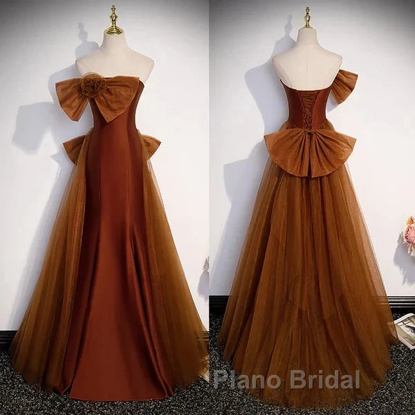Mermaid Brown Tulle Satin Strapless Long Party Dresses Formal Dresses Formal Prom Dresses With Bow(S)